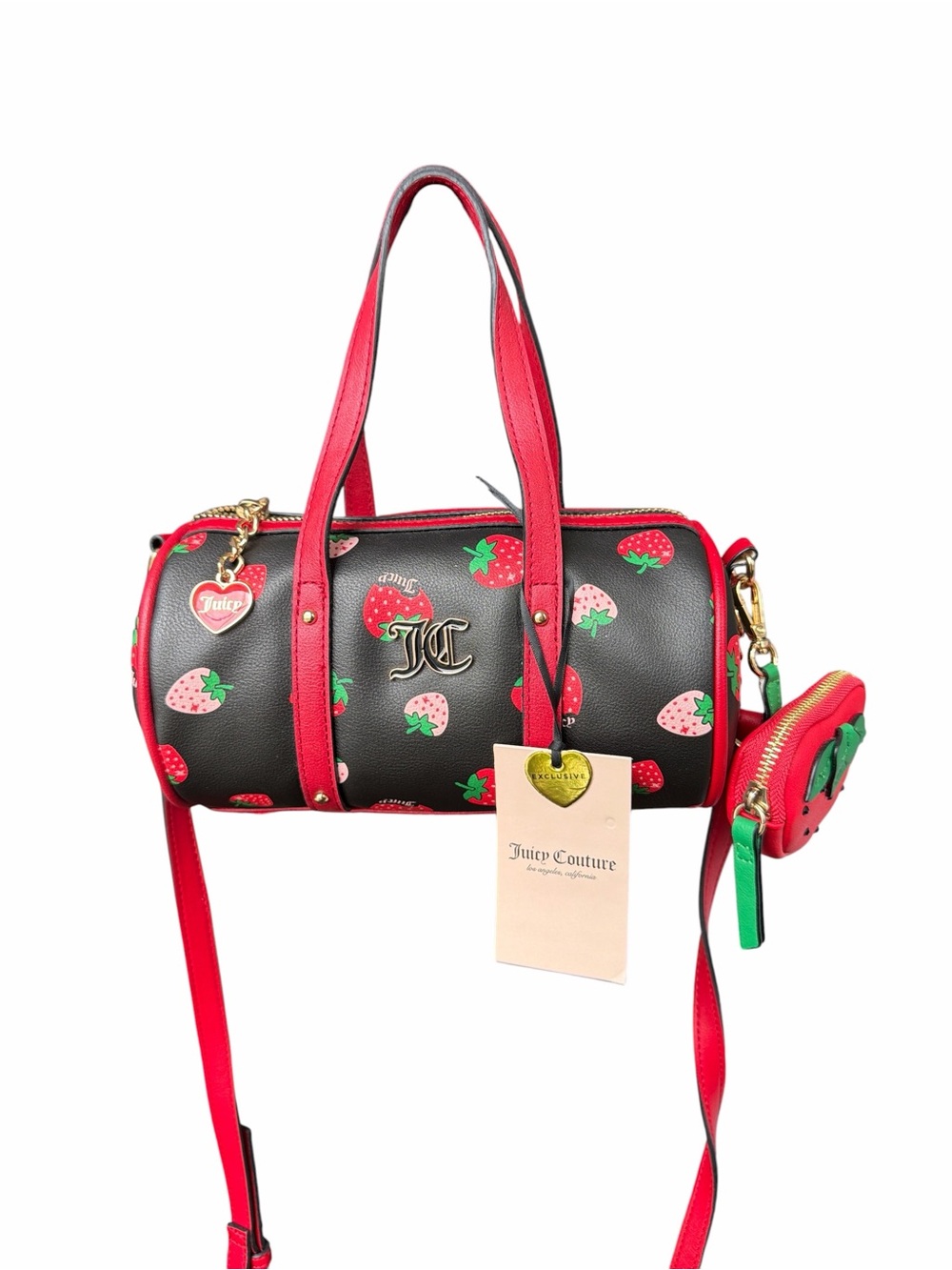 Juicy Couture Black & Red Strawberry Print Barrel Bag with Coin Pouch